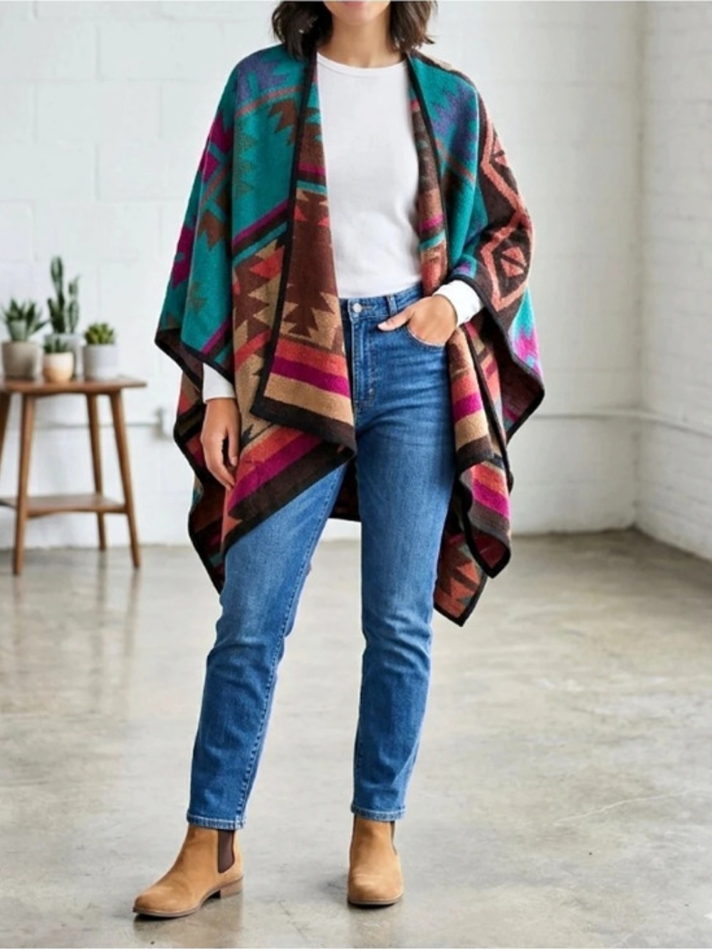 Geometric Poncho Open Front Teal & Black Like New Acrylic One Size Wrap